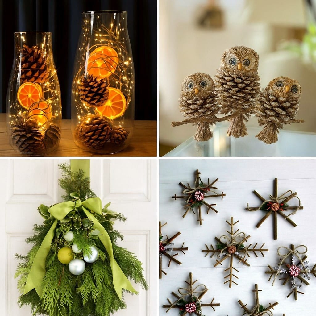 Такие красивые новогодние украшения можно сделать из шишек, хвои и веток. Источник: Pinterest