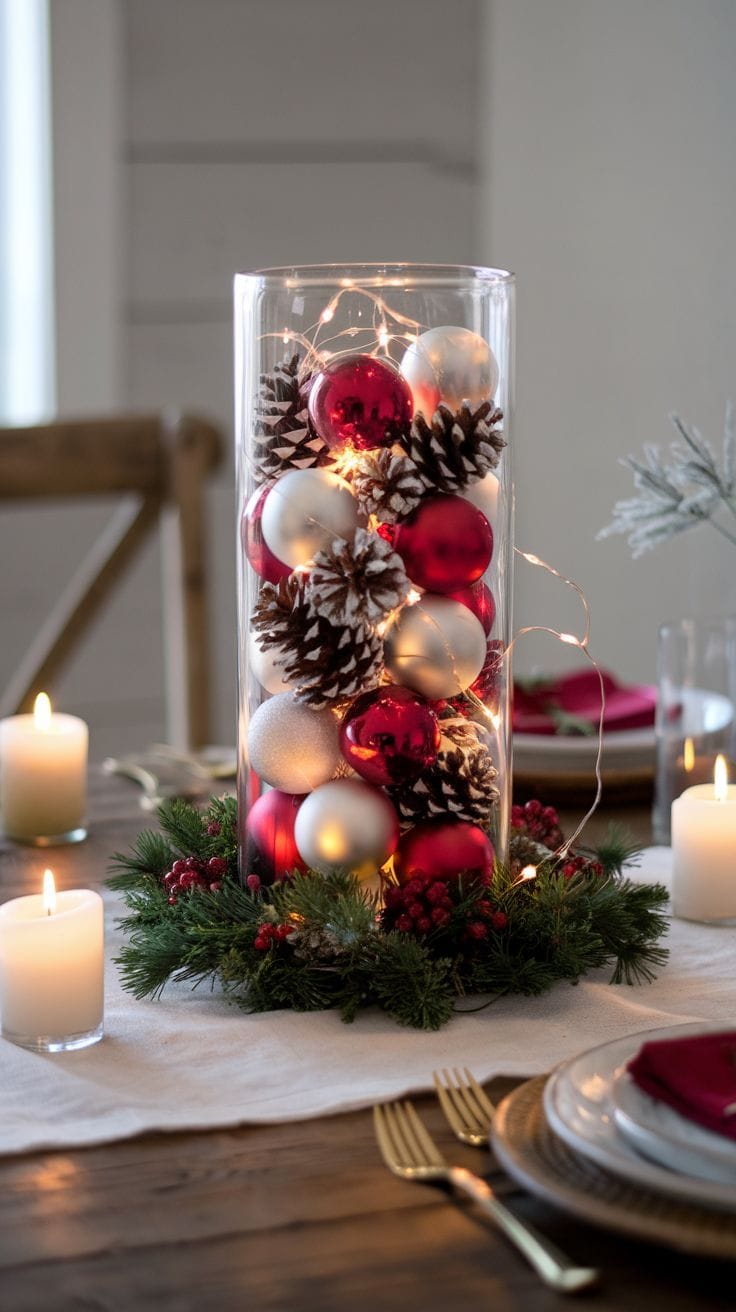 Вариант новогоднего декора с шишками, шарами и LED-подсветкой. Источник: Pinterest