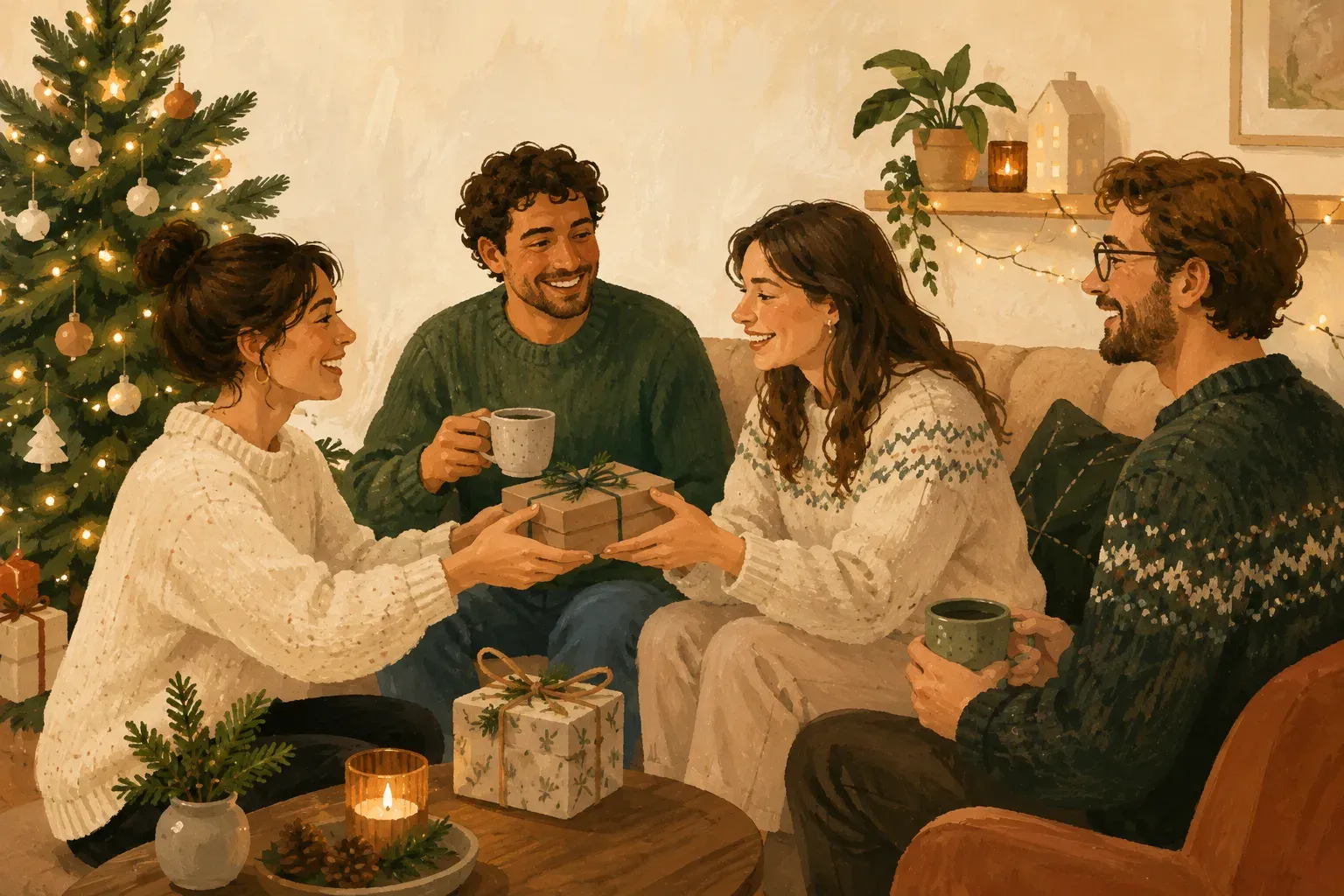 Ilustração de amigos trocando presentes em uma confraternização